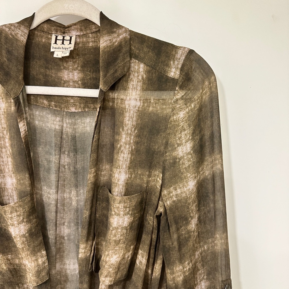 Haute Hippie Silk Maxi Duster Women L Plaid Sheer Open Front Jacket USA Made - Picture 2 of 11